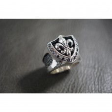 925 Sterling Silver Fleur-De-Lis Ring with Stingray Leather & Black CZ SR51